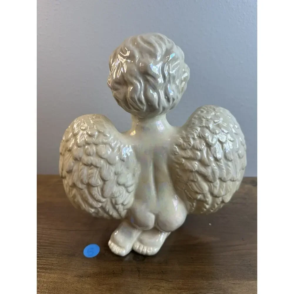 Vintage Iridescent Porcelain Angel Figurine Kneeling Harp 9.5”